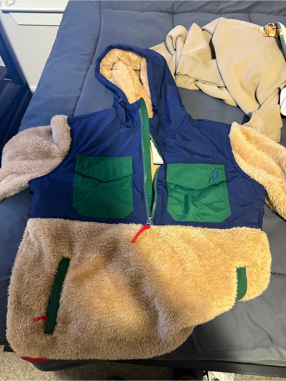Polo by Ralph Lauren Navy, Tan & Green Hooded Fleece Vest